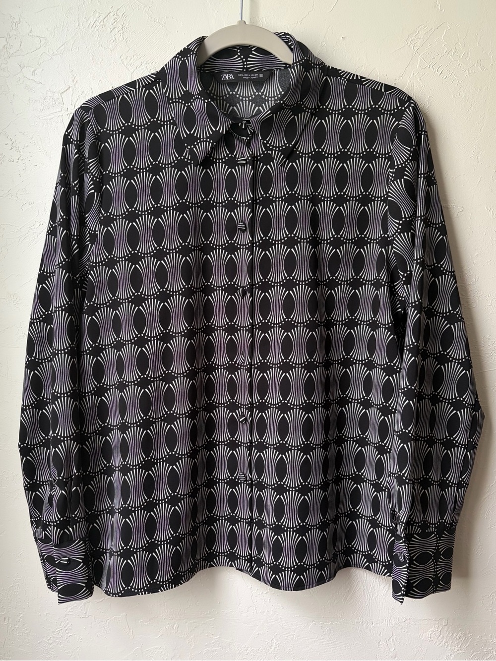 Zara Black White Geometric Print Button Front Blouse Long Sleeve L
